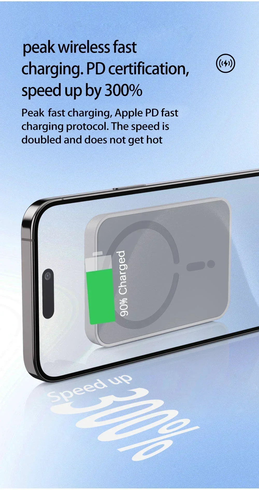 Grey magnetic wireless fast charger attached to the back of a smartphone, displayed on a light blue background.