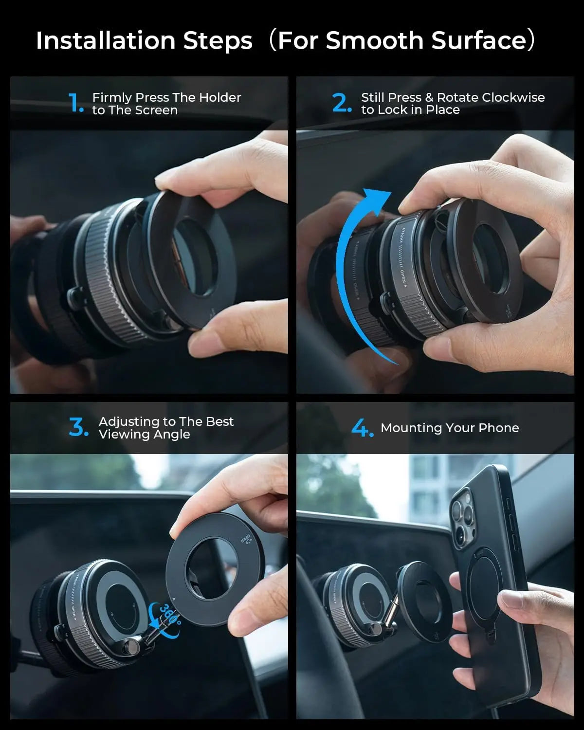 Installation guide for a black, circular magnetic car phone mount with a silver dial, showing four setup steps.