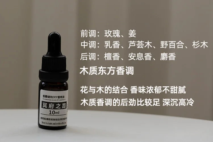 Small amber glass essential oil bottle with a black dropper cap and white label, set against a list of scent notes.