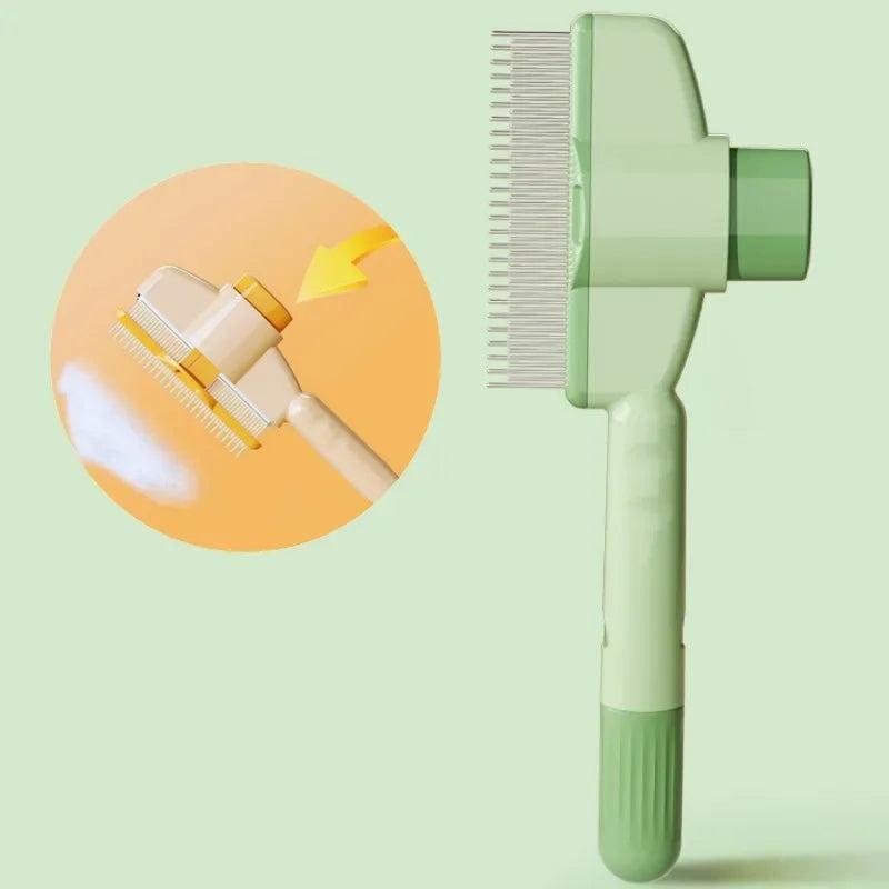 A light green pet grooming comb with metal teeth, shown with a circular inset demonstrating its steam function.