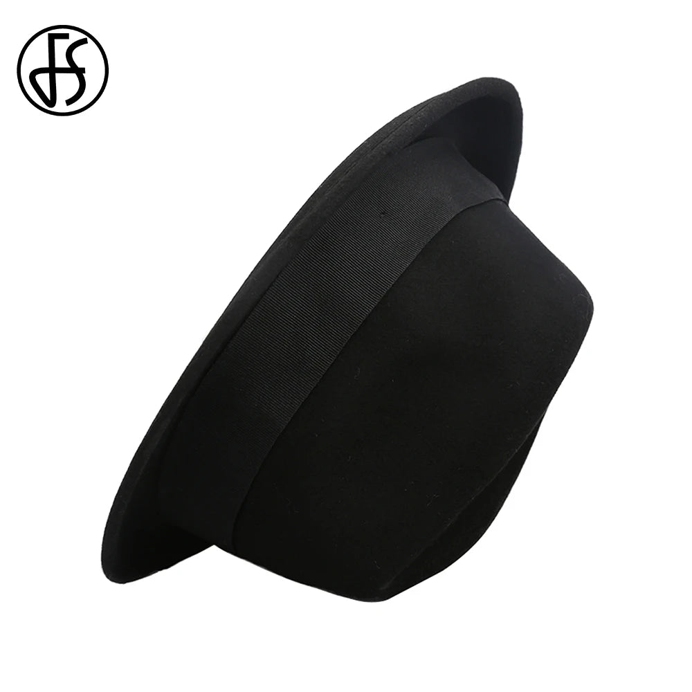 Classic black vintage-style wool felt fedora with a matching ribbon band.