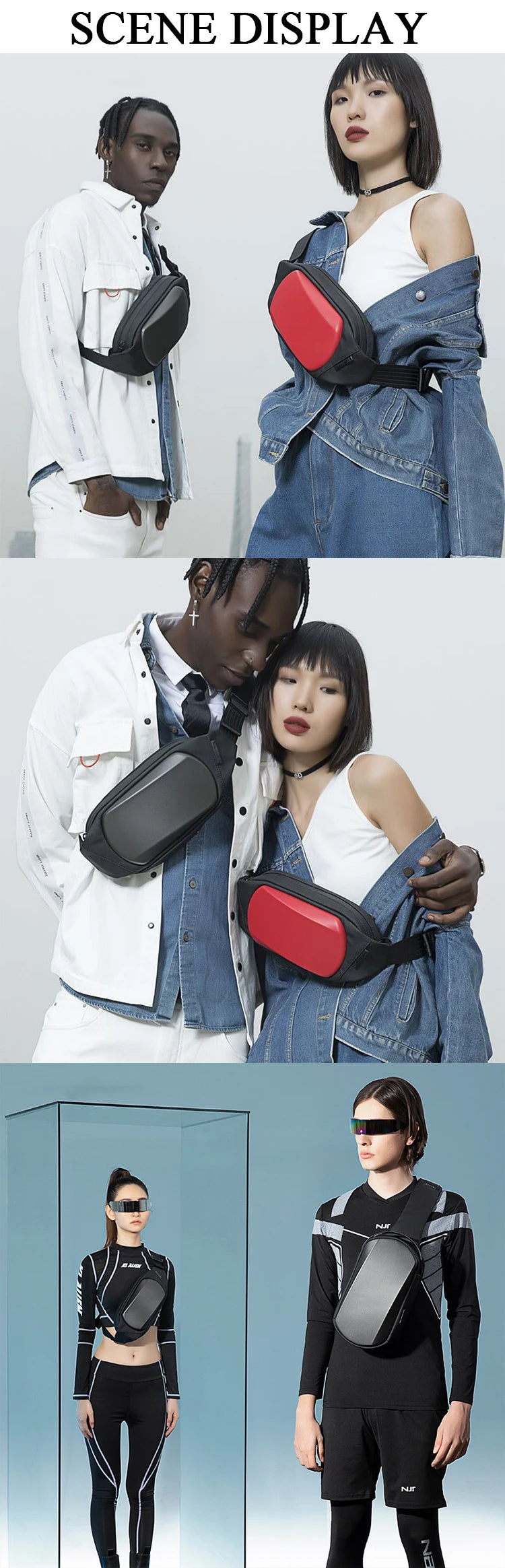 Models wearing sleek, modern waterproof chest bags in black and red, designed for secure, everyday cross-body wear.