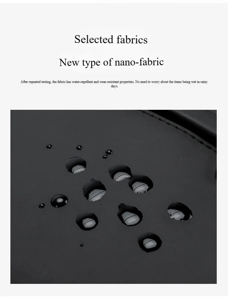 Close-up of black, water-repellent nano-fabric with water droplets beaded on the surface.