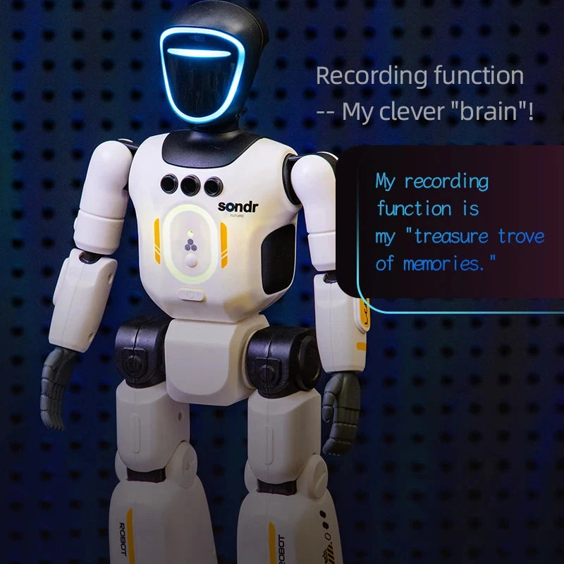 A white and black humanoid robot with a glowing blue visor stands against a dark pegboard background.