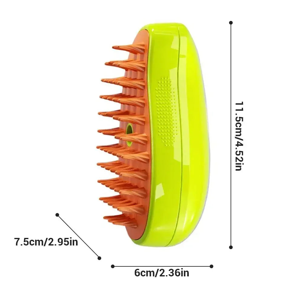 Lime green and orange 3-in-1 electric pet grooming brush with soft silicone bristles and dimensions indicated.