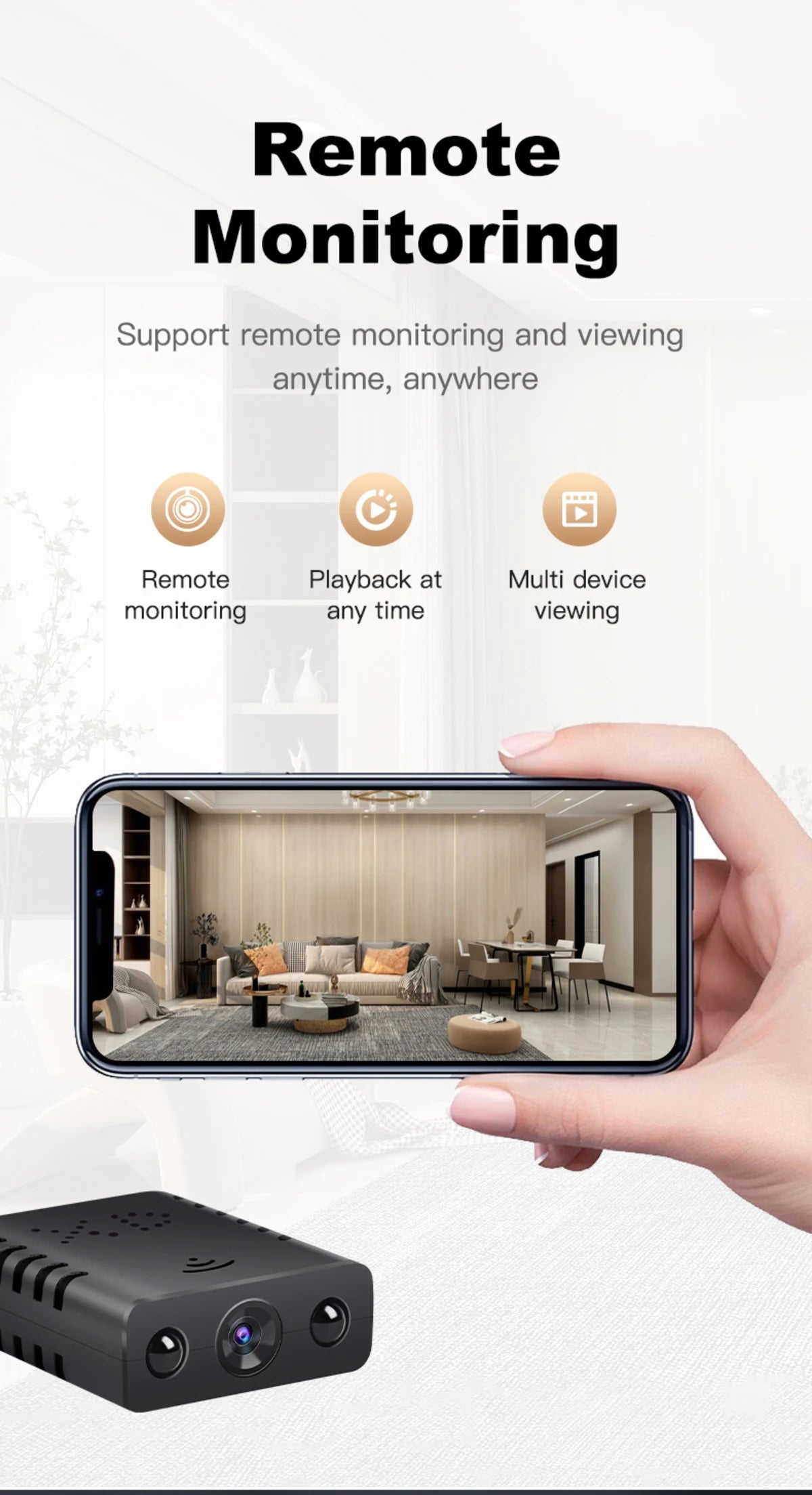 Black plastic security camera with multiple lenses shown on a smartphone screen for remote monitoring.