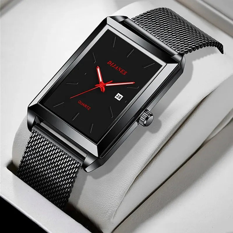 Men's square quartz watch with black dial, red hands, date display, and a black stainless steel mesh strap.
