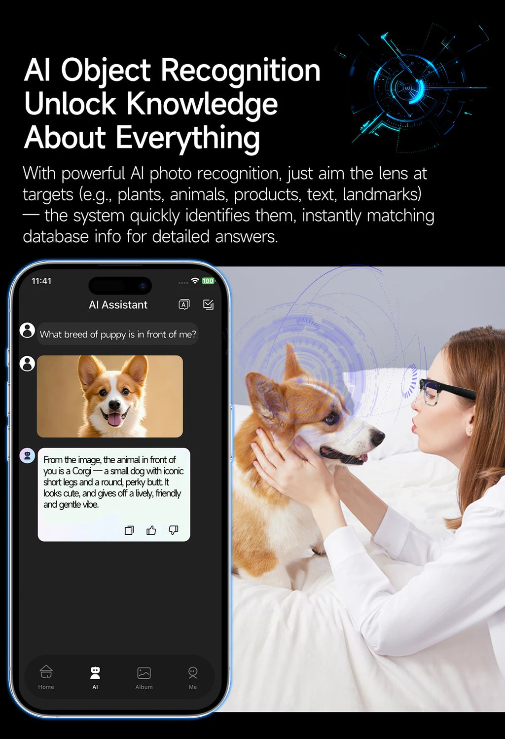 A woman wearing sleek black smart AI glasses looking at a corgi, with a phone app identifying the dog breed.