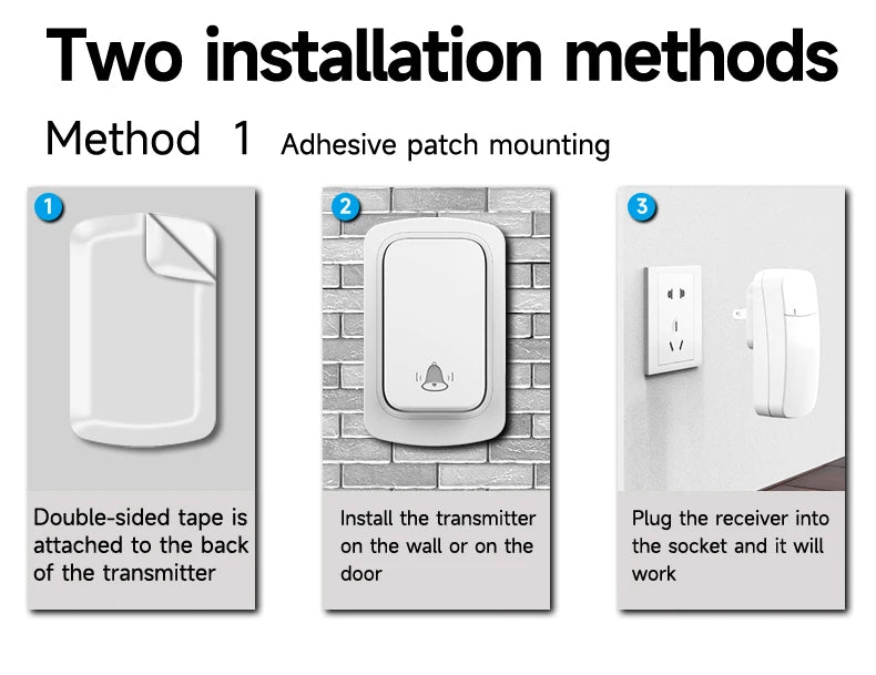 Three-step infographic showing how to install a white, self-powered wireless doorbell using adhesive tape.