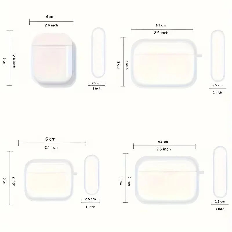 White silicone AirPods cases with dimensional measurements, compatible with standard, Pro, and 3rd gen models.