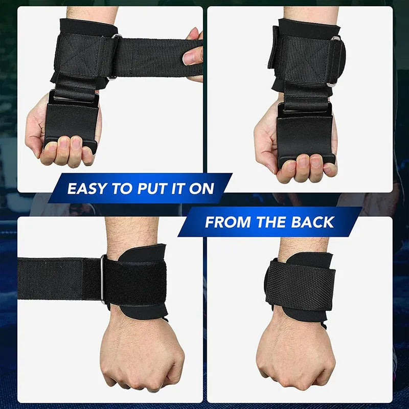 Black weightlifting wrist straps with integrated metal hooks and adjustable velcro fastenings for secure grip support.