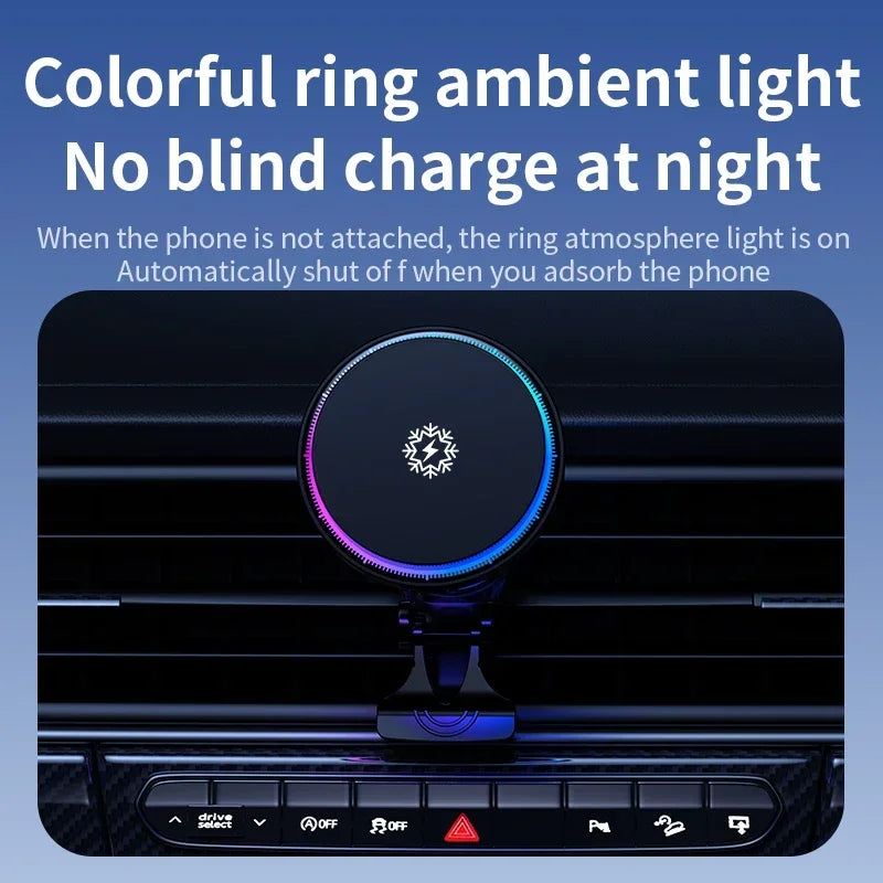 Circular magnetic car phone mount with a colourful LED ring light, attached to a vehicle air vent.