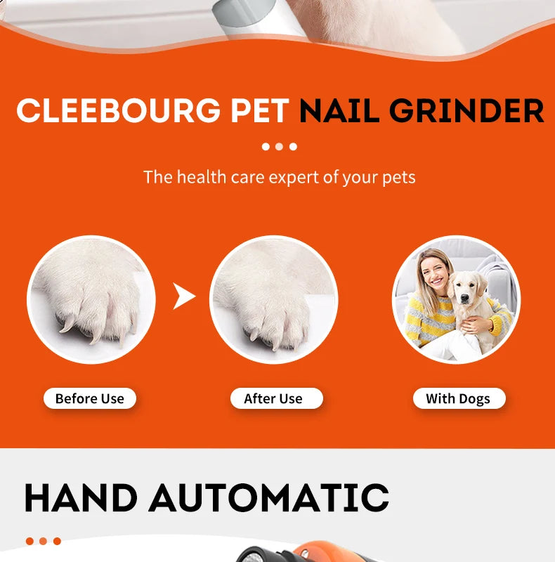 White electric pet nail grinder with 2 speeds, showing before-and-after results on a dog paw.