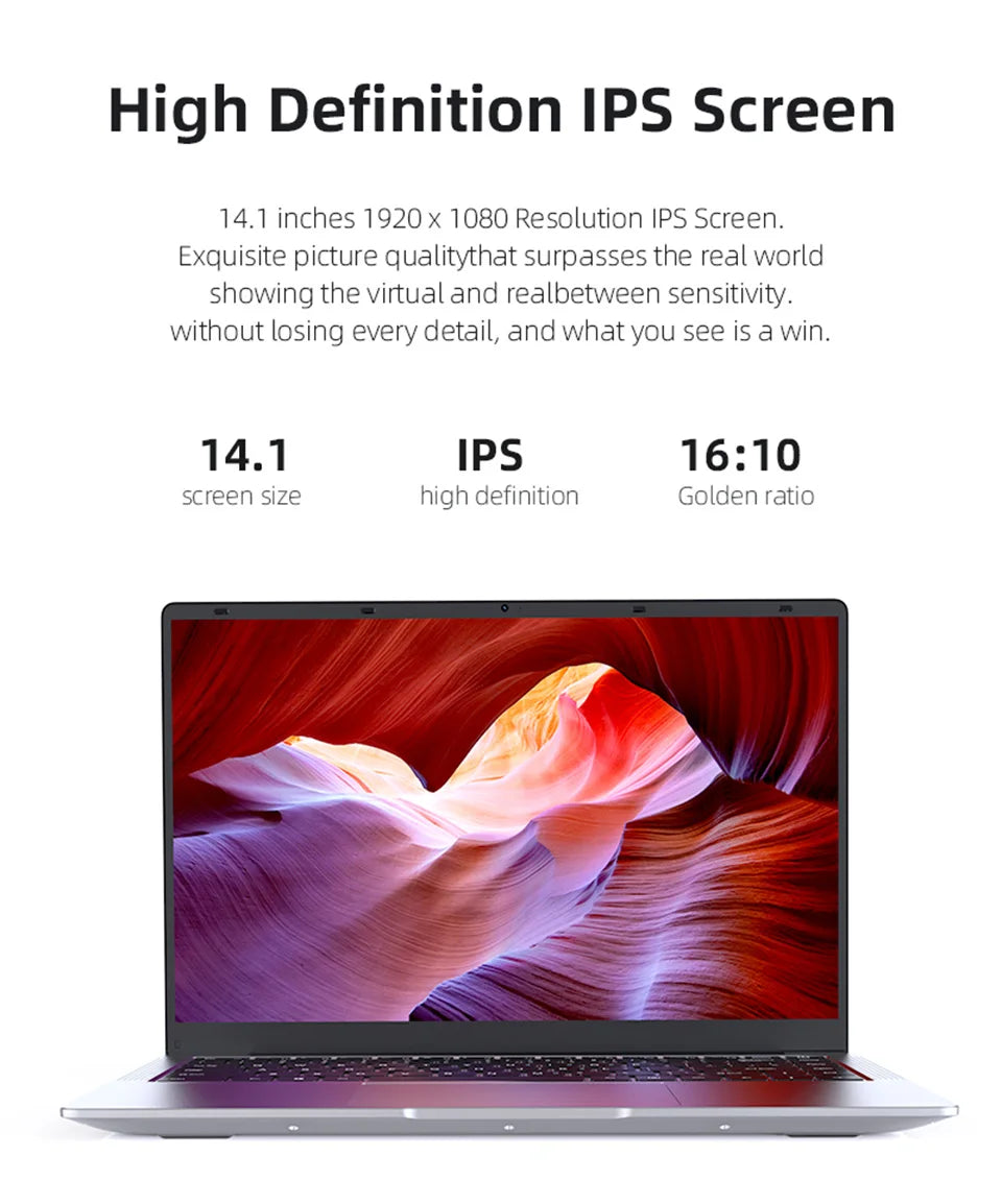 Silver 14.1-inch slim laptop with a high-definition 16:10 IPS screen displaying an abstract canyon landscape.