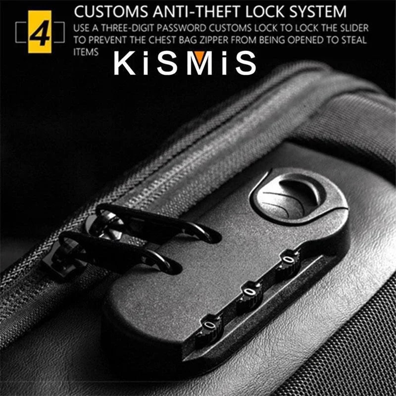 Close-up of a sleek black anti-theft crossbody bag featuring a secure three-digit combination lock on the zipper.