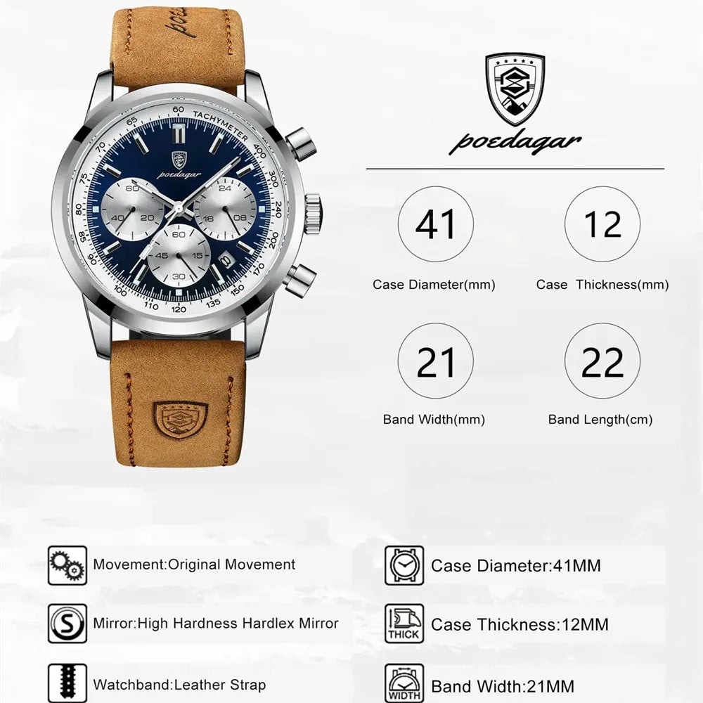 POEDAGAR men's quartz chronograph watch with round blue dial, silver case, and tan leather strap.