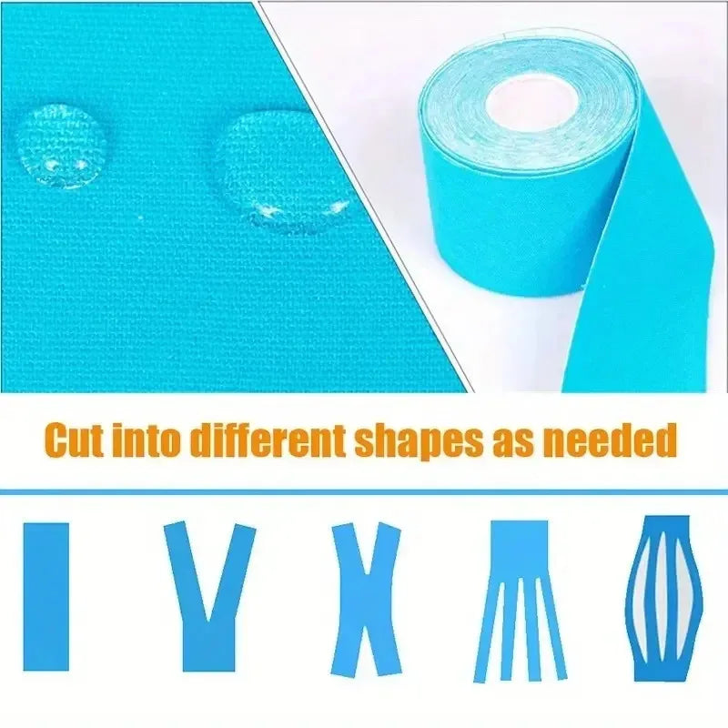 Roll of bright blue kinesiology tape with waterproof surface and examples of various cut shapes for muscle support.