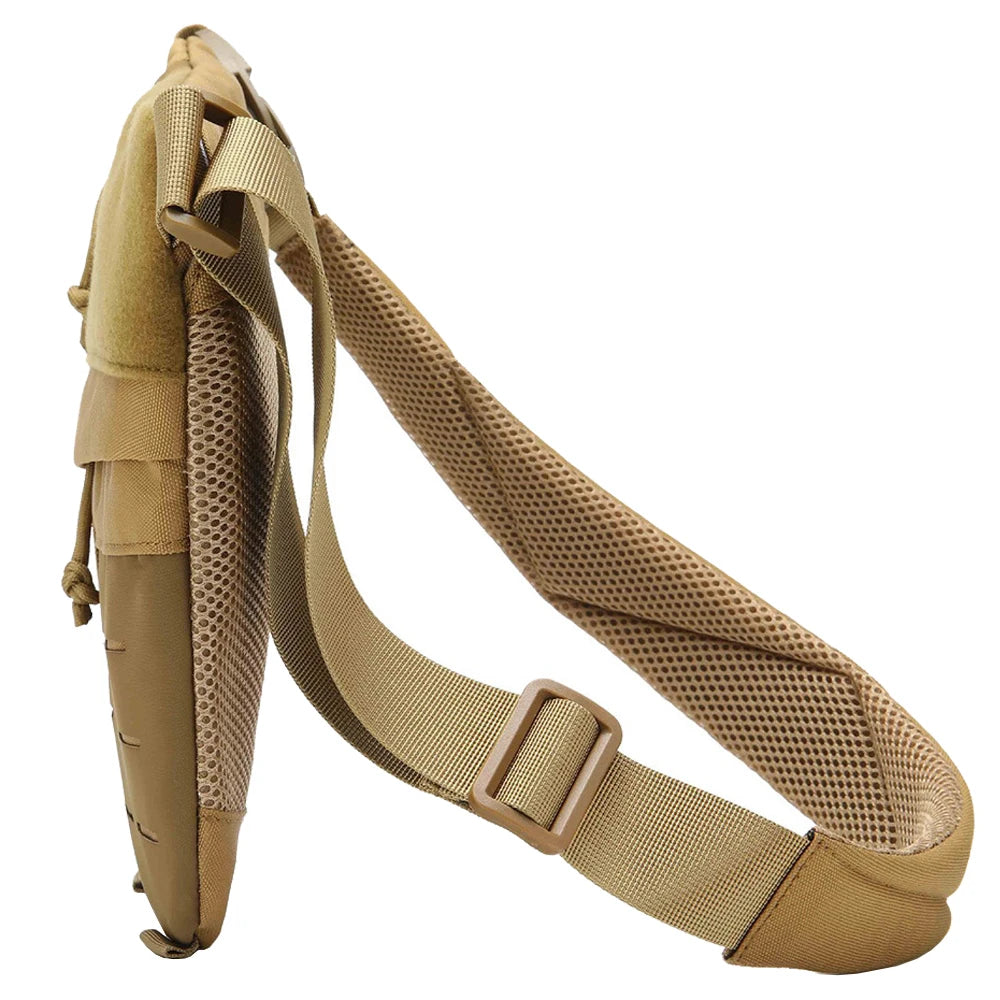 Tan tactical crossbody sling bag with a mesh-padded adjustable strap and slimline outdoor utility design.