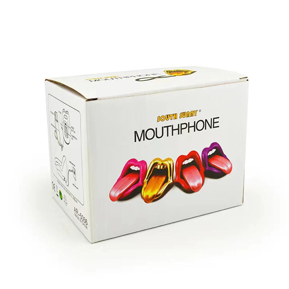 White product box featuring novelty lip-shaped telephones in pink, gold, red, and purple with extended tongues.