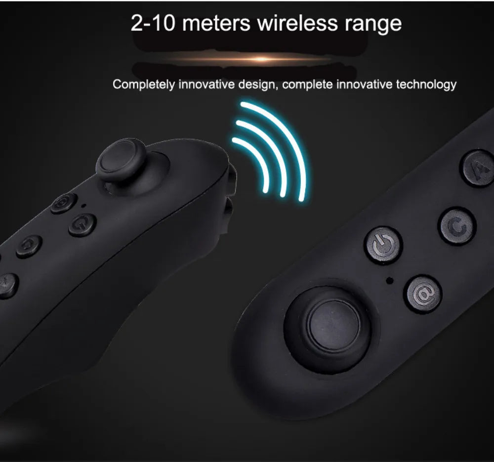Black ergonomic wireless VR controller with a joystick and multi-function buttons, featuring a 2–10 metre range.