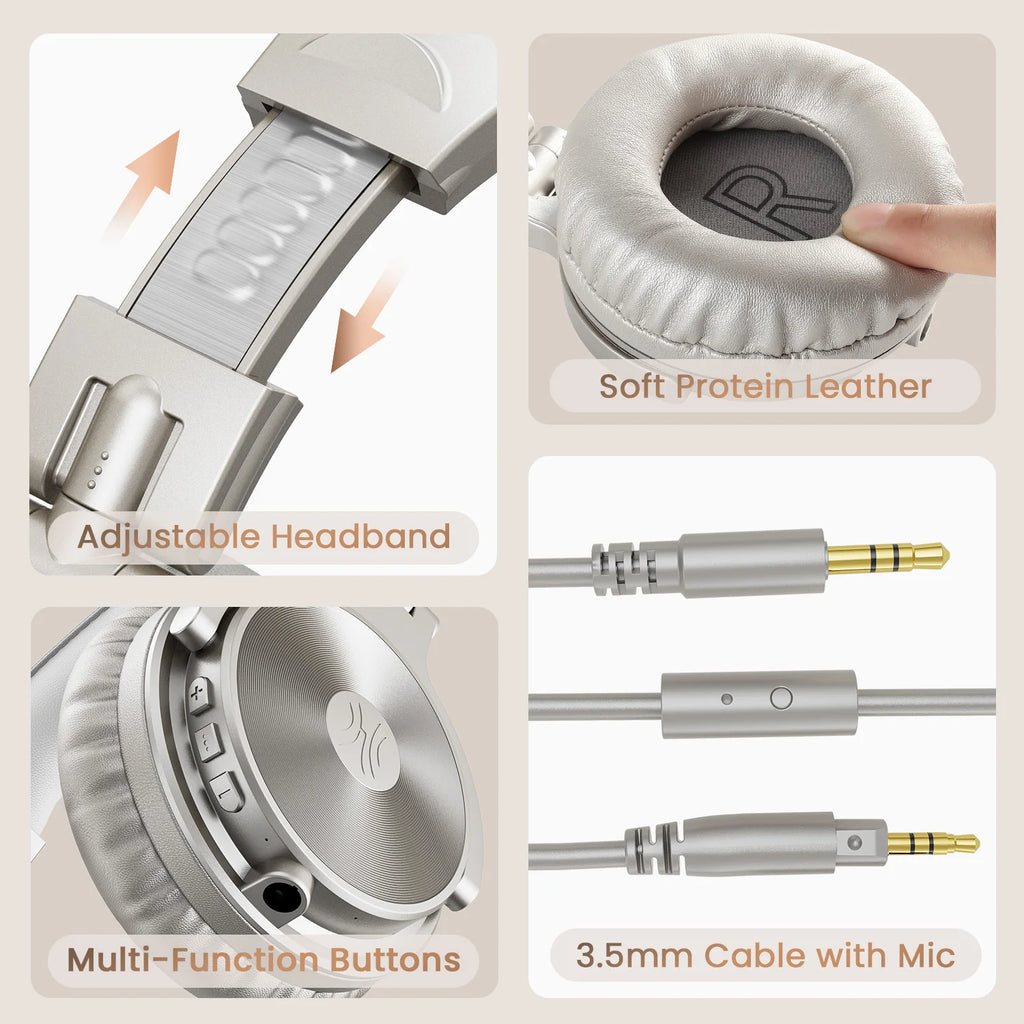Champagne-coloured wireless headphones featuring soft ear cushions, an adjustable headband, control buttons and a 3.5mm mic.