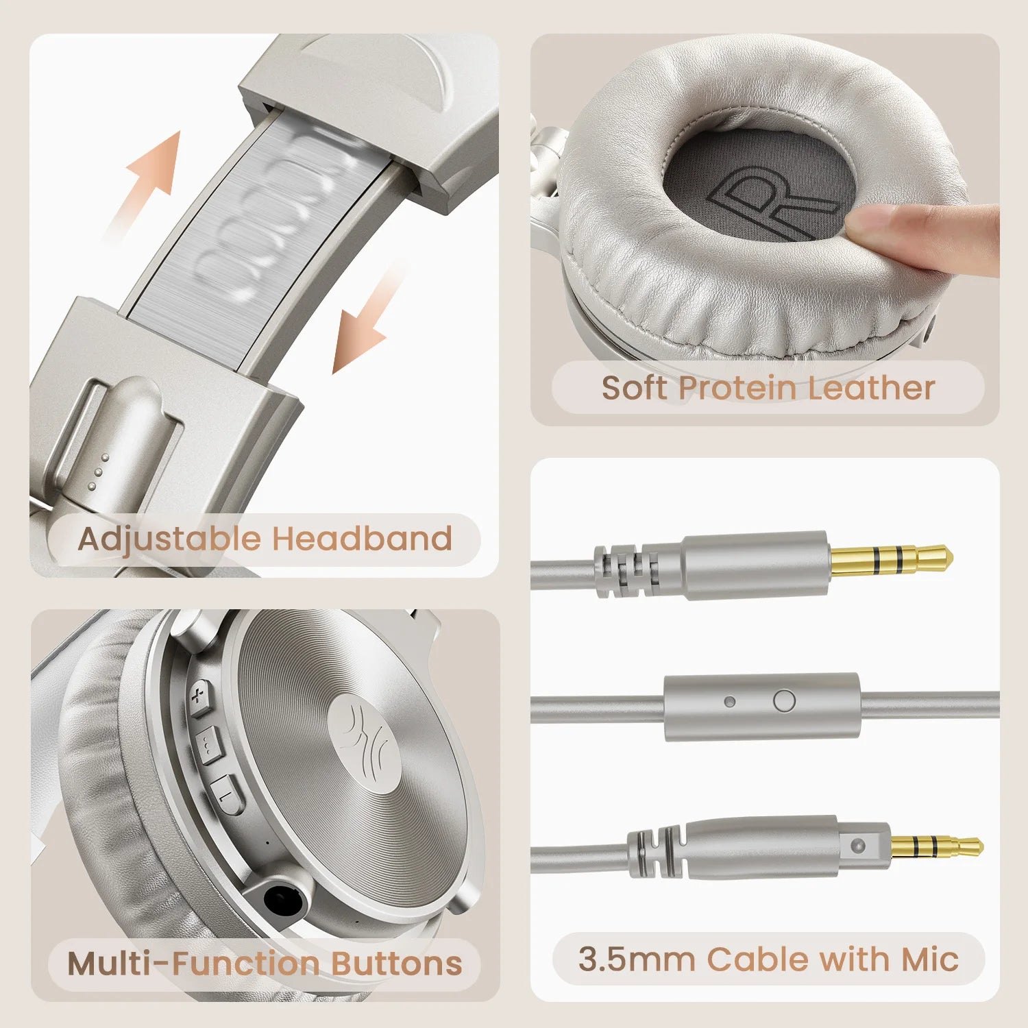 Champagne-coloured wireless headphones featuring soft ear cushions, an adjustable headband, control buttons and a 3.5mm mic.