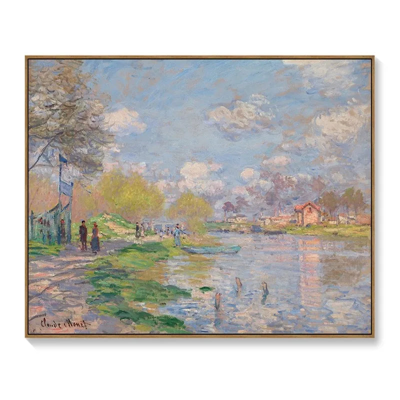 Decorative meter box cover featuring an Impressionist landscape painting of a riverside path with trees and clouds.