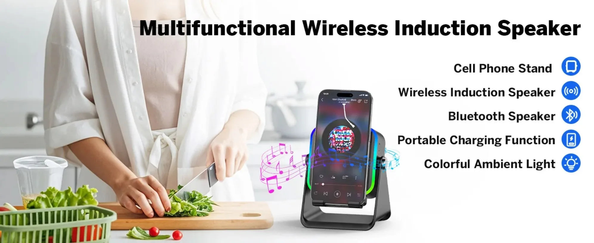 Black 5-in-1 portable Bluetooth speaker and phone stand with colourful ambient lighting, shown in a kitchen setting.
