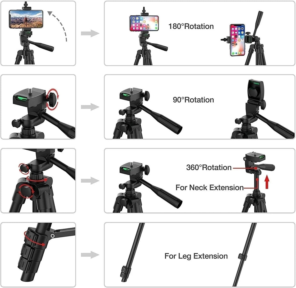 Black camera tripod with 360° rotation, adjustable neck and leg extensions, and a multi-angle phone holder mount.