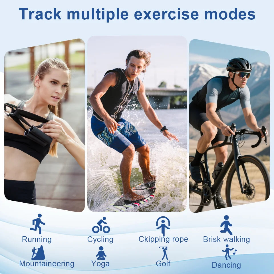 A sleek black smart fitness ring shown tracking various sports like cycling, surfing, and gym workouts.