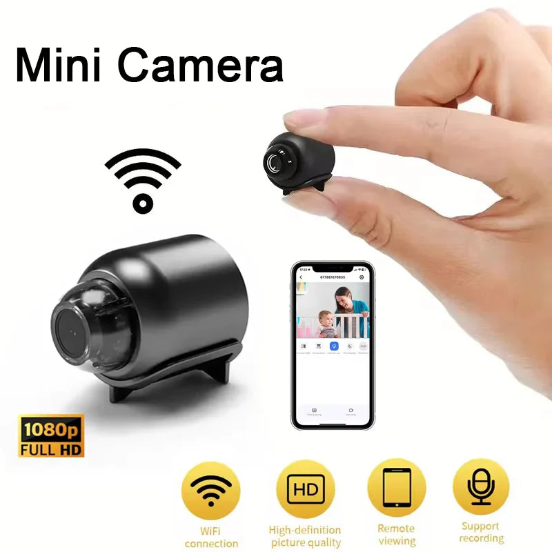 Small black wireless 1080p security camera, featuring remote smartphone monitoring, Wi-Fi connectivity and recording.