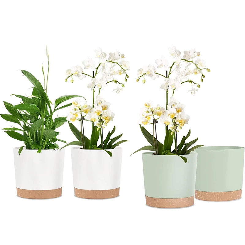 Two white and two sage green cylindrical plant pots with speckled tan bases, displayed with orchids and foliage.