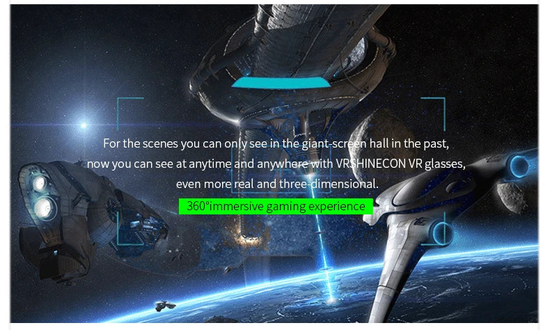 Graphic of a space scene with text promoting a 360-degree immersive virtual reality gaming experience.