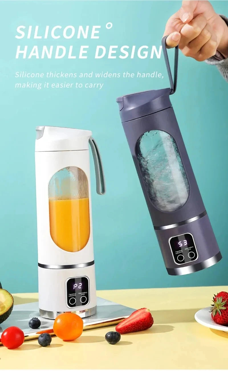 White and dark grey portable electric blenders with digital displays, clear view windows, and silicone carry handles.
