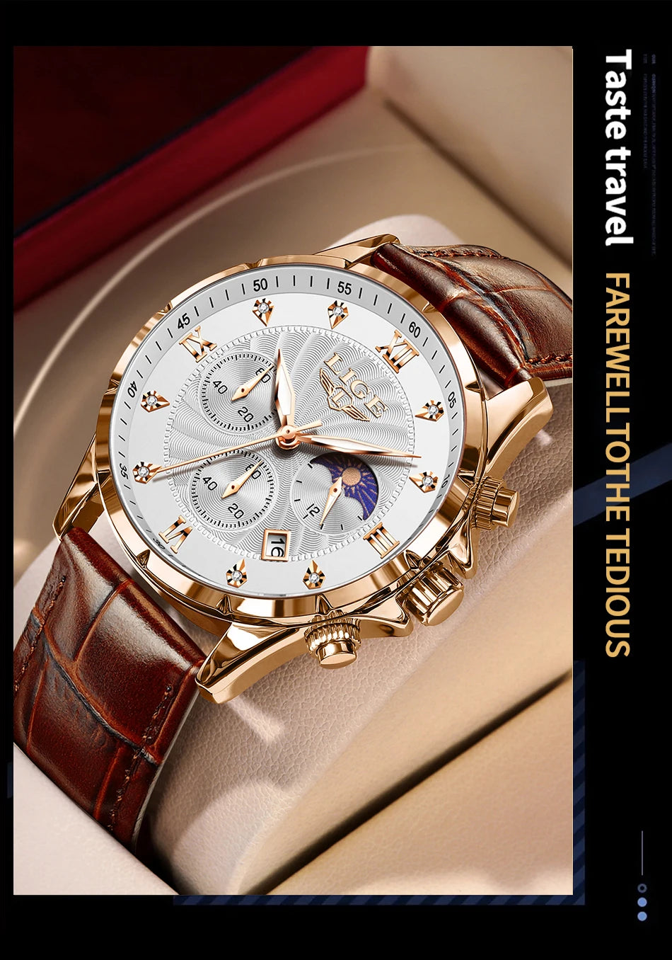 Men's rose-gold chronograph watch with a white textured dial, sun-moon phase sub-dial and brown leather strap.