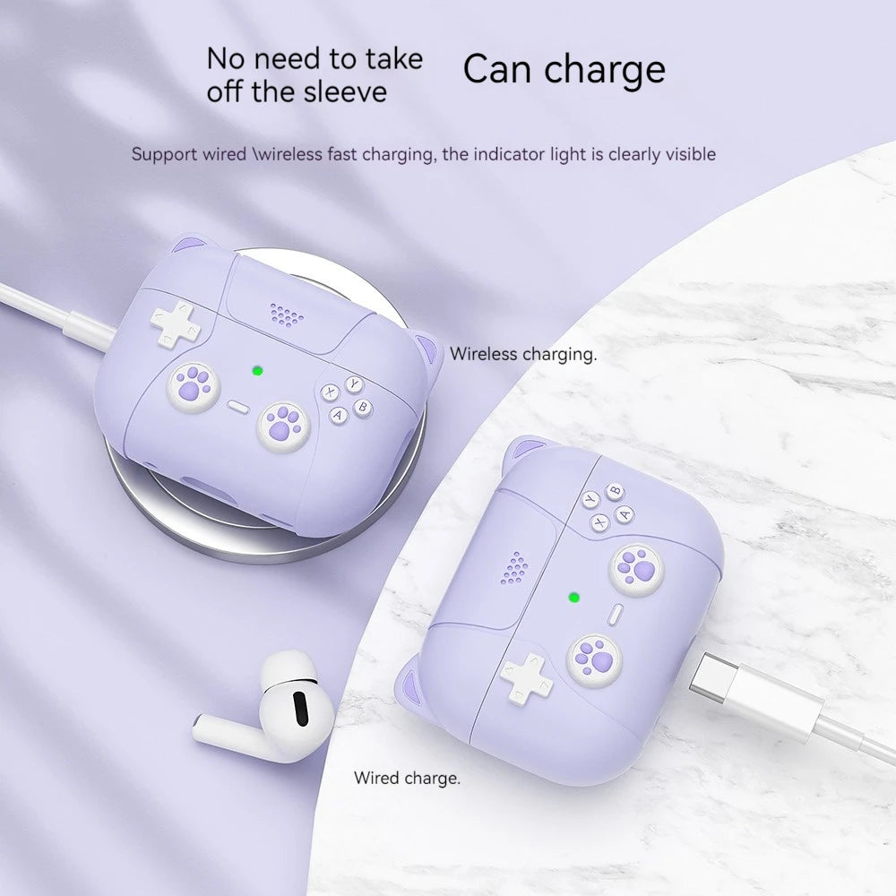 Light purple silicone AirPods Pro case with a retro game controller design, supporting wireless and wired charging.