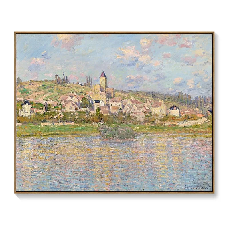 Impressionist-style framed meter box cover featuring a peaceful river landscape and hilltop village in soft colours.
