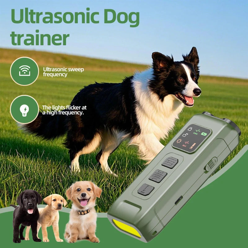 Green, handheld, rechargeable dog training device with control buttons, LED strobe light, and ultrasonic functionality.