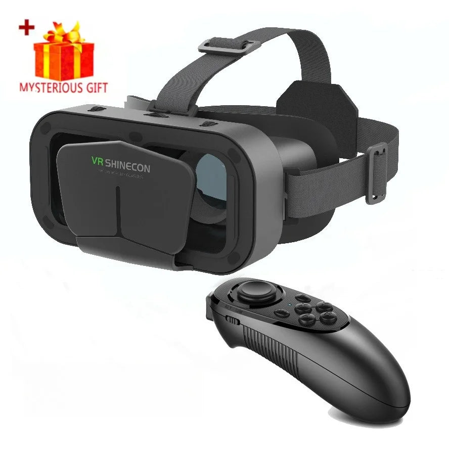 Black smartphone VR headset with adjustable head straps and a matching wireless handheld remote controller.