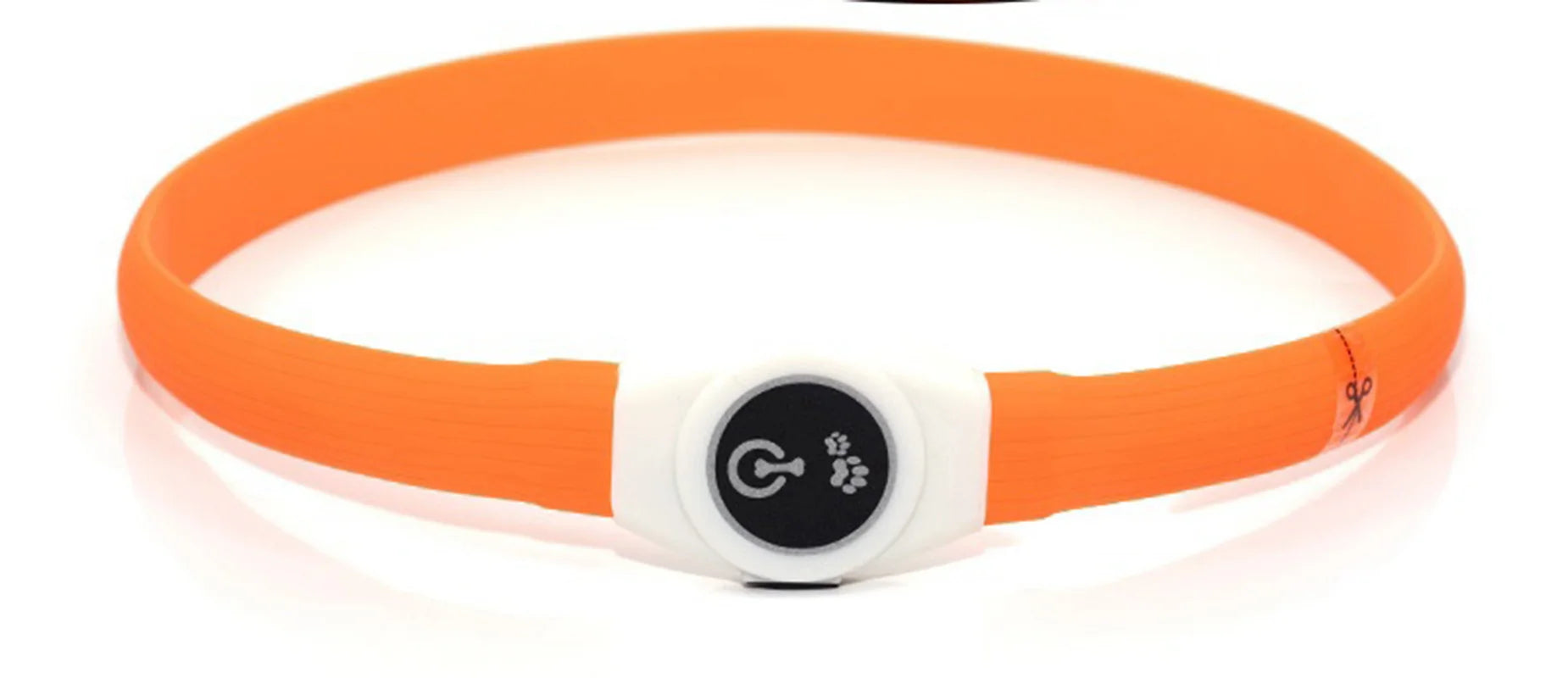 Bright orange, waterproof LED dog collar with a white control button featuring paw print icons.