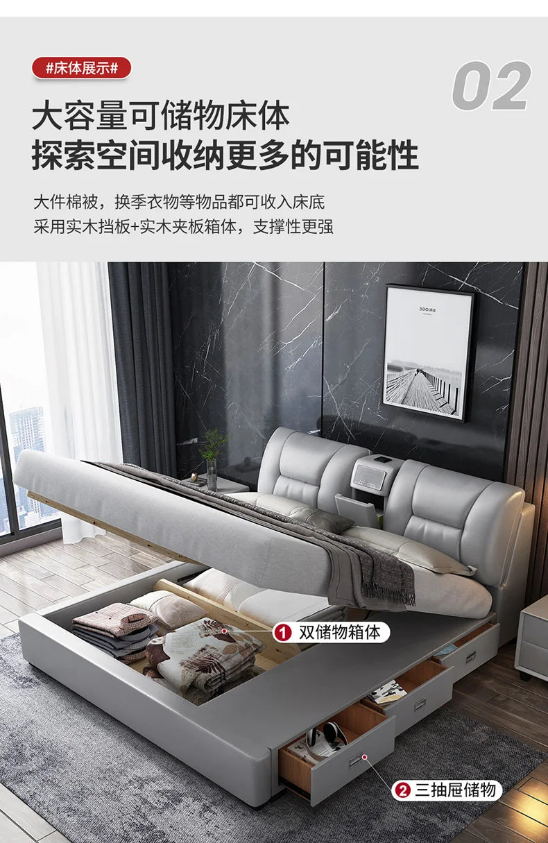 Minimalist grey upholstered king-size bed with lift-up ottoman storage and built-in side drawers.