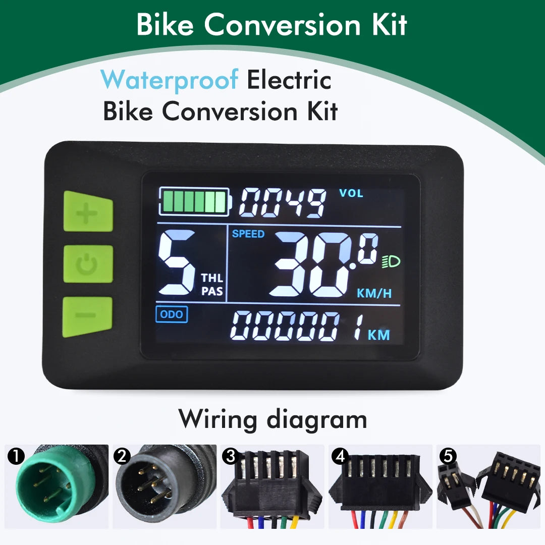Black electric bike LCD meter with a digital display and three green control buttons on the left.