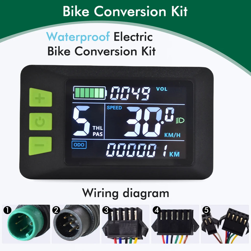 Black rectangular electric bike LCD display meter with green control buttons and a digital screen showing speed.