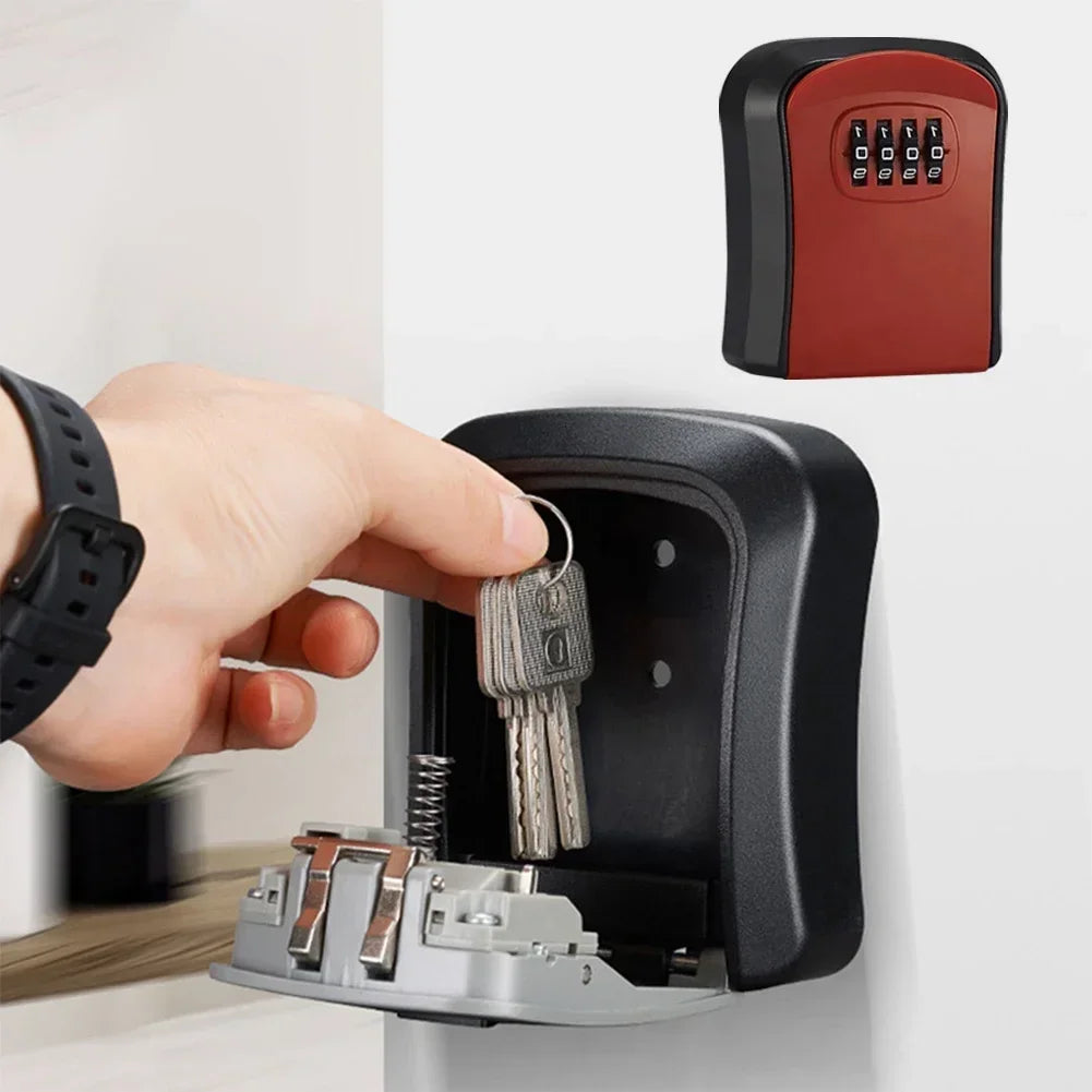 Red and black wall-mounted metal key lock box with a four-digit combination code dial.