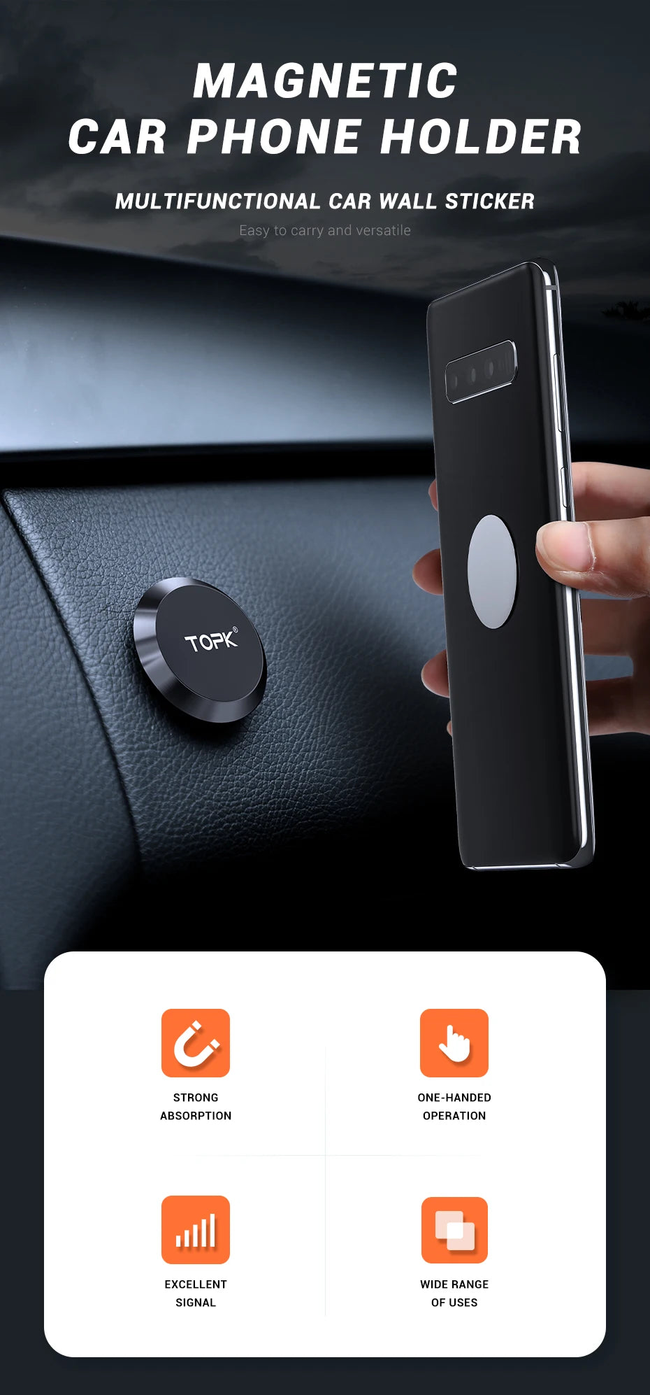 A small, round black magnetic car phone holder attached to a dashboard, with a smartphone being held up to it.
