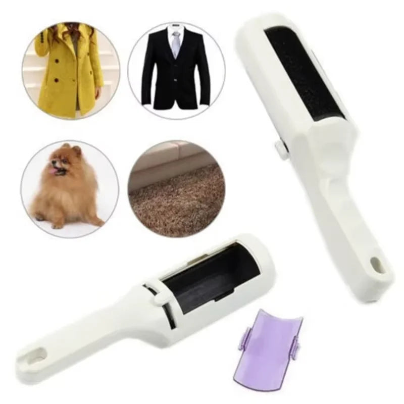 White handheld pet hair remover brush with black cleaning pad, shown with a detached purple cover and use examples.