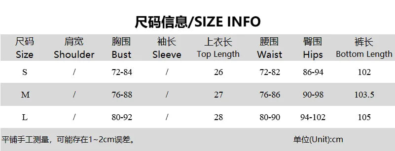 Size guide table for clothing, listing measurements in cm for sizes S, M, and L, including bust, waist, and hips.