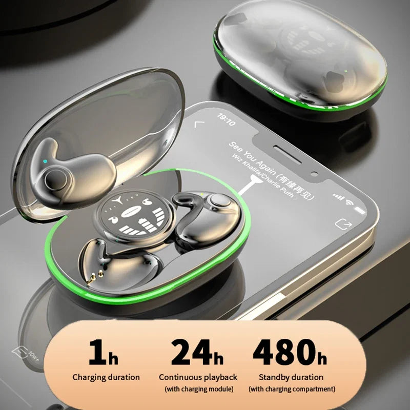 Black wireless earbuds in a translucent charging case with green LED accents, featuring a digital battery display.