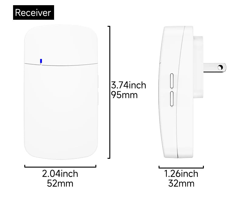 Front and side view of a white, plug-in wireless doorbell receiver with dimensions in inches and millimetres.