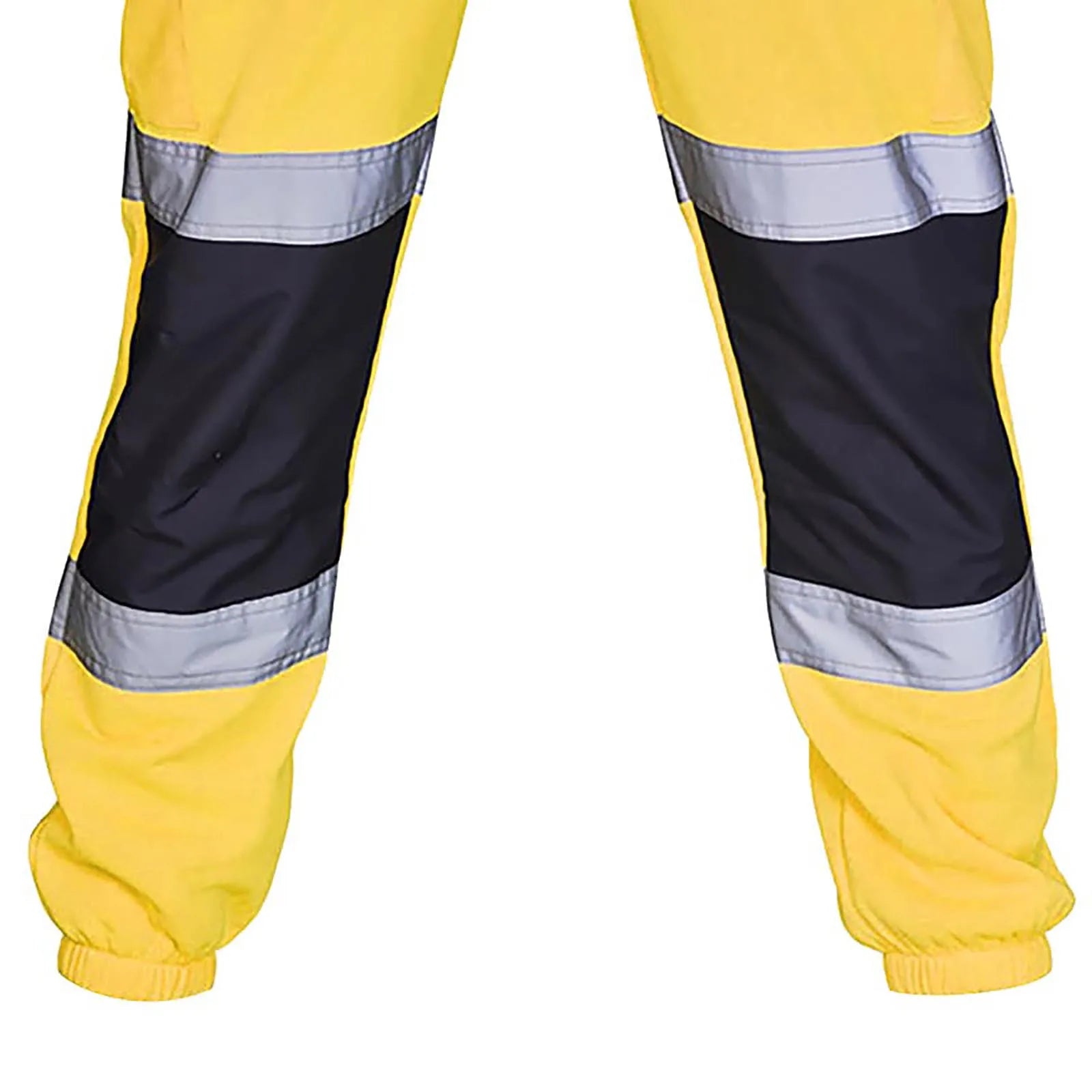 High-vis yellow work trousers with black knee panels and reflective silver safety stripes on the lower legs.